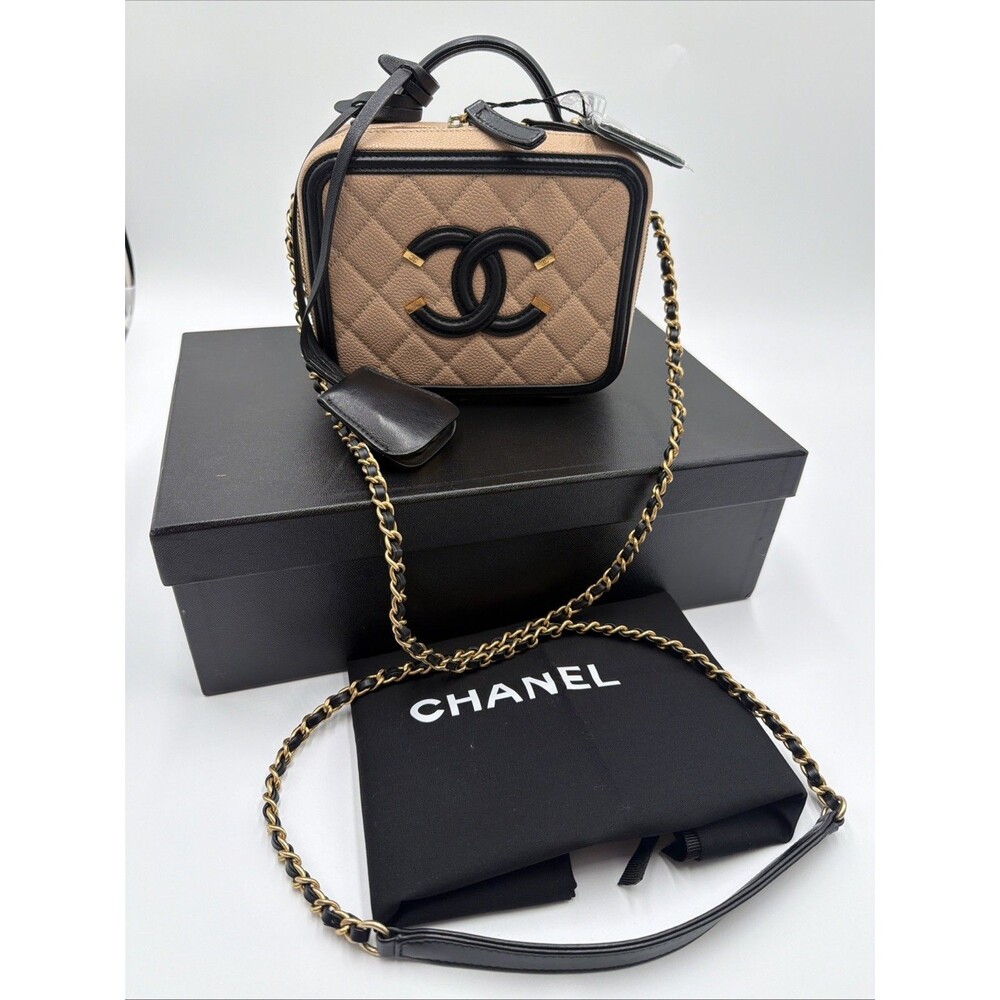 CHANEL Small Vanity Case Crossbody Beige Black Grained Calfskin GHW Full Set